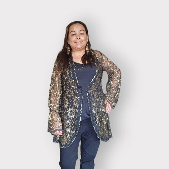 BLACK & GOLD SHINY LACE BLOUSE SIZE L OR XL WITH BELL SLEEVES AND LOOP BUTTON - Picture 3 of 3